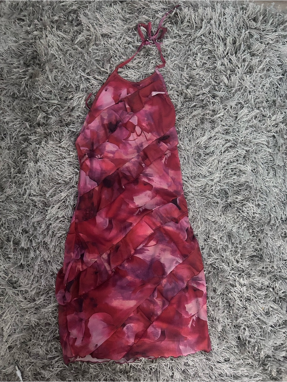 SHEIN One-Shoulder Ruffled Floral Dress in Burgundy Pink